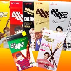 韩国乐天饼干红黄白黑曲奇杏仁超细巧克力棒夹心 进口零食品糖果