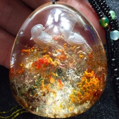 天然幽灵吊坠 绿幽灵内雕锦鸡 栩栩如生 晶体完美 金鸡 精湛...