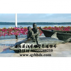 童趣小孩玩耍 滨海广场人物雕塑 骑黄鱼 城市景观小品 铸铜雕...