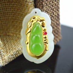 3D足金999镶天然和田玉四季豆 镶天然玉髓富贵豆