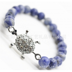 蓝纹圆珠白点兰兰白点天然石手链天然玉石搭配合金点钻海龟